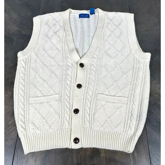 Vtg 90s Towncraft Sweater Vest Large Cable Knit Gray Grandpa Dad Buttons Pockets - Picture 2 of 8